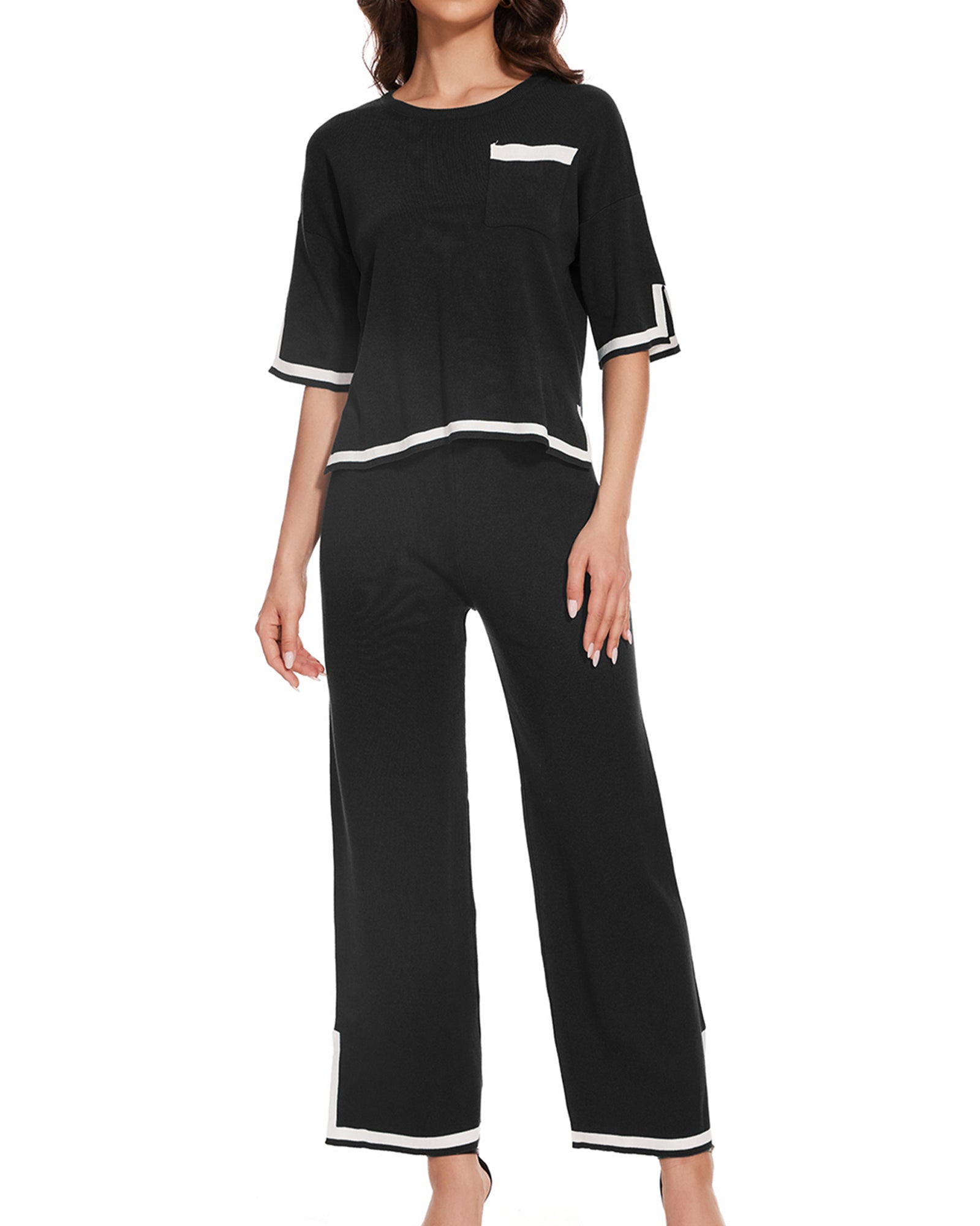 Conjunto Feminino de Cashmere Premium – Blusa Manga Curta e Calça Pantalona Elegante