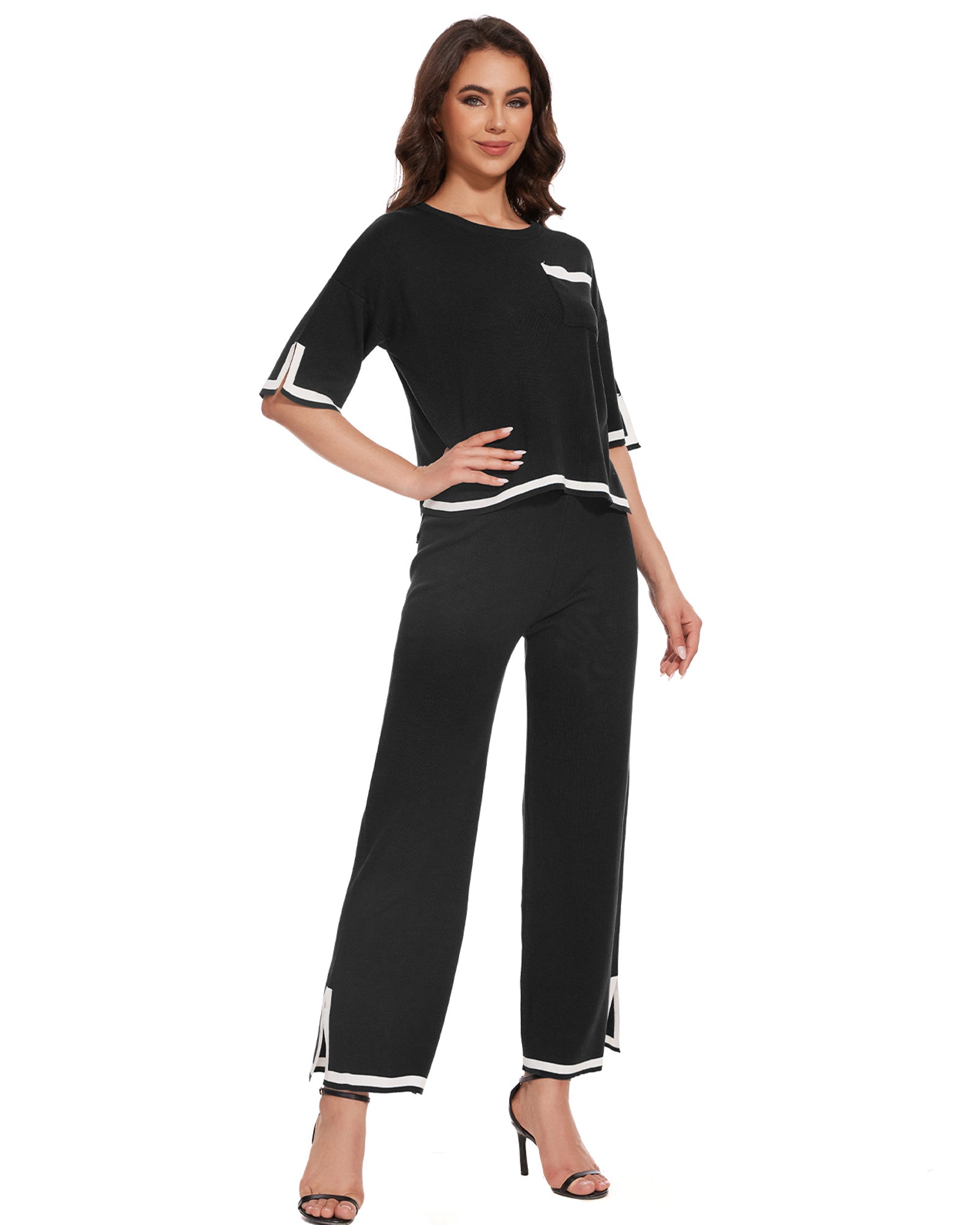 Conjunto Feminino de Cashmere Premium – Blusa Manga Curta e Calça Pantalona Elegante