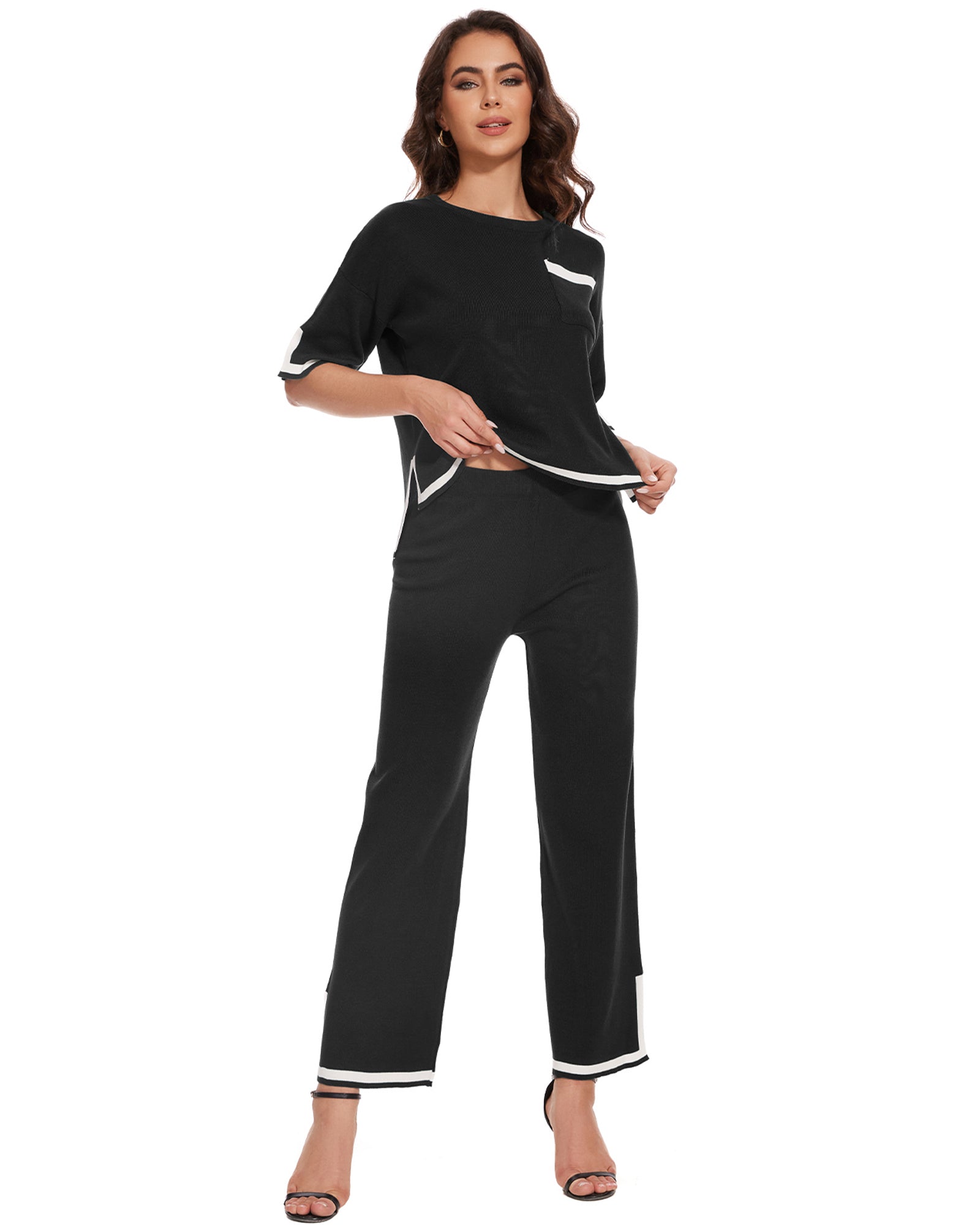 Conjunto Feminino de Cashmere Premium – Blusa Manga Curta e Calça Pantalona Elegante