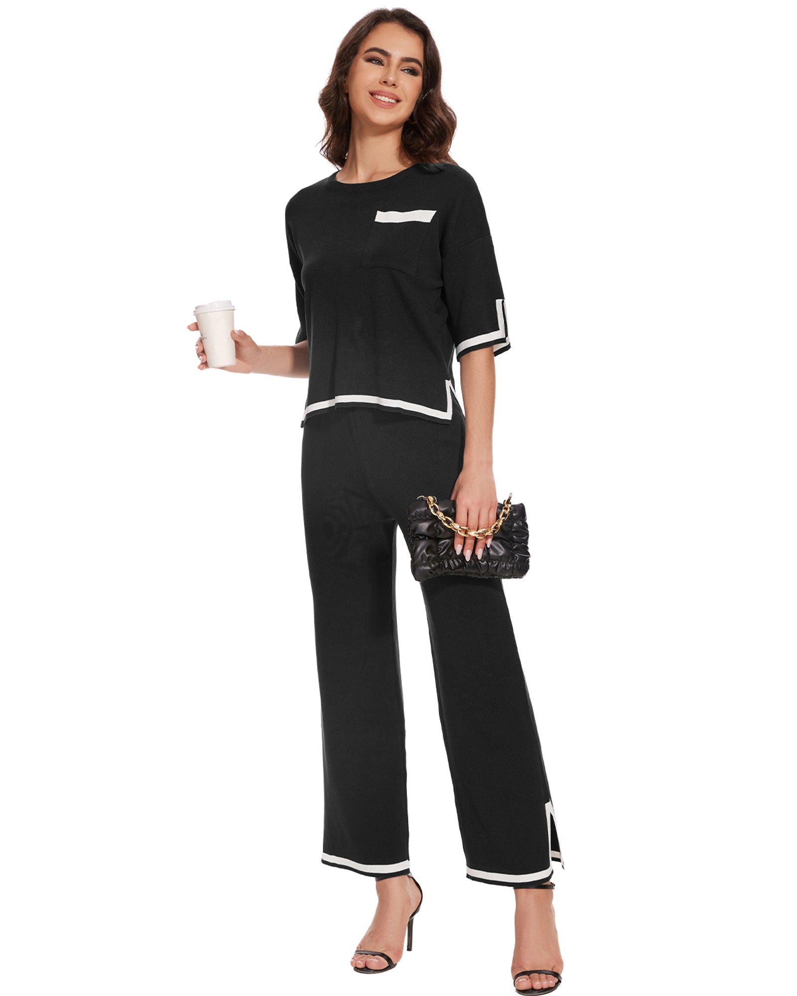 Conjunto Feminino de Cashmere Premium – Blusa Manga Curta e Calça Pantalona Elegante