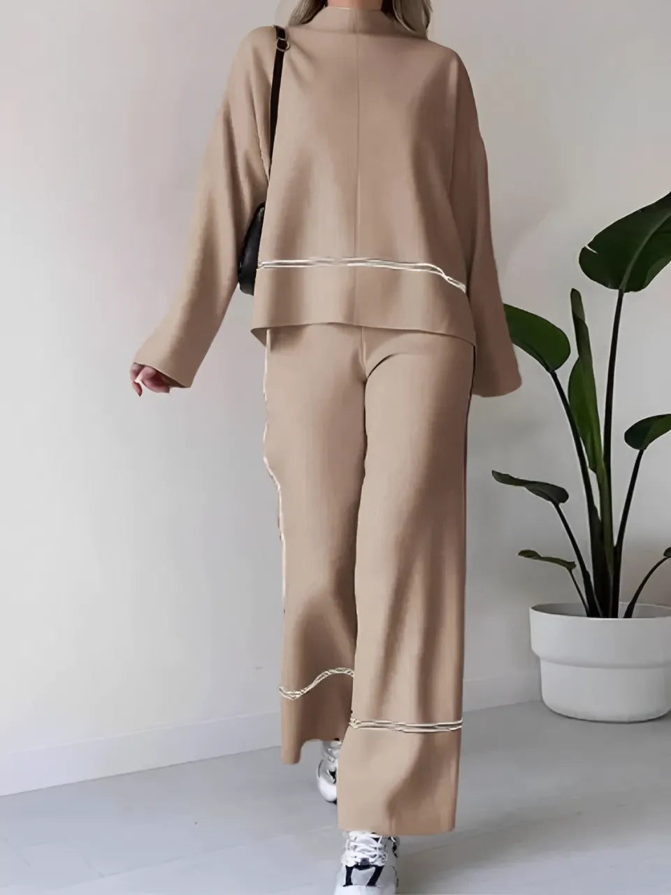 Conjunto Feminino Tricô Kim – Gola Alta Mullet e Calça Cintura Alta