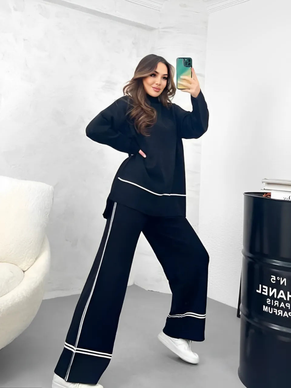 Conjunto Feminino Tricô Kim – Gola Alta Mullet e Calça Cintura Alta