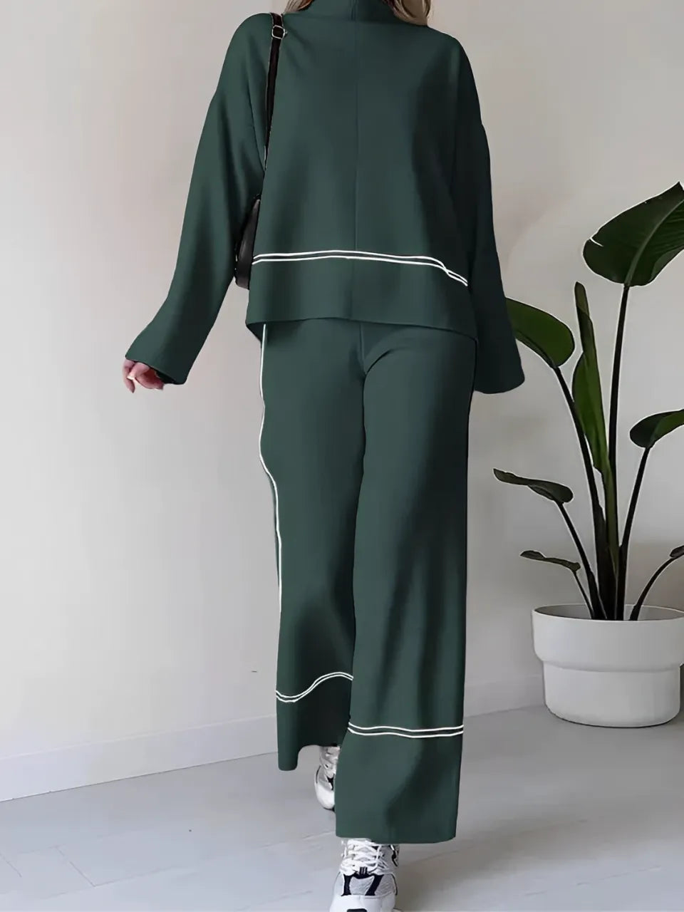 Conjunto Feminino Tricô Kim – Gola Alta Mullet e Calça Cintura Alta