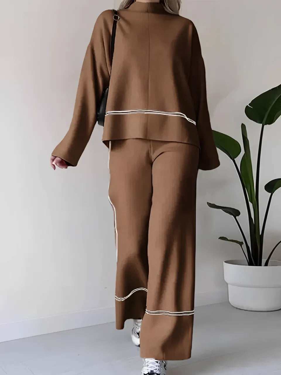 Conjunto Feminino Tricô Kim – Gola Alta Mullet e Calça Cintura Alta