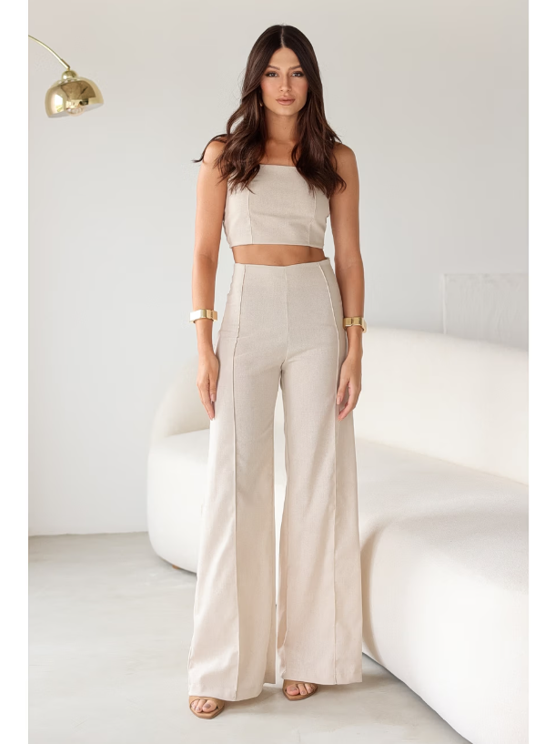 Conjunto de Linho Calça Pantalona Wide Leg e Cropped Alças Finas Lucy Areia