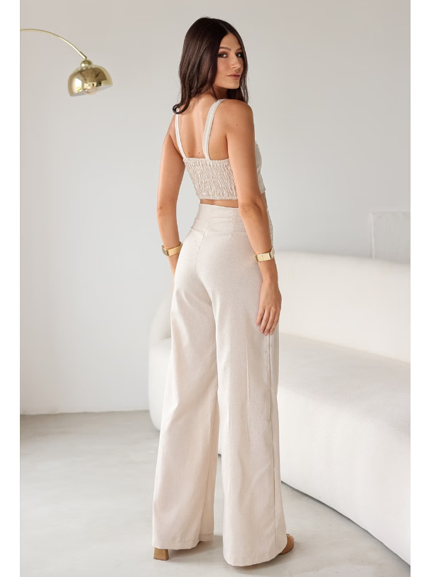 Conjunto de Linho Calça Pantalona Wide Leg e Cropped Alças Finas Lucy Areia