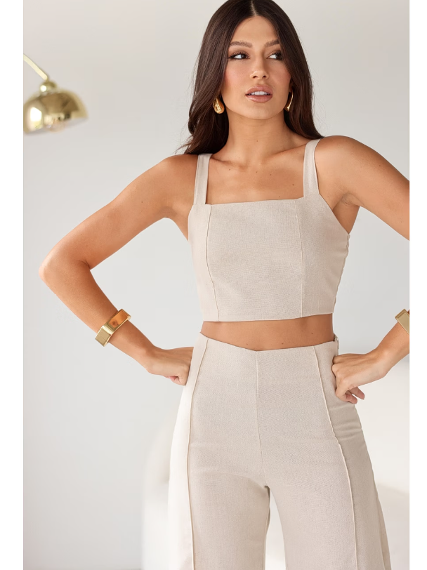 Conjunto de Linho Calça Pantalona Wide Leg e Cropped Alças Finas Lucy Areia