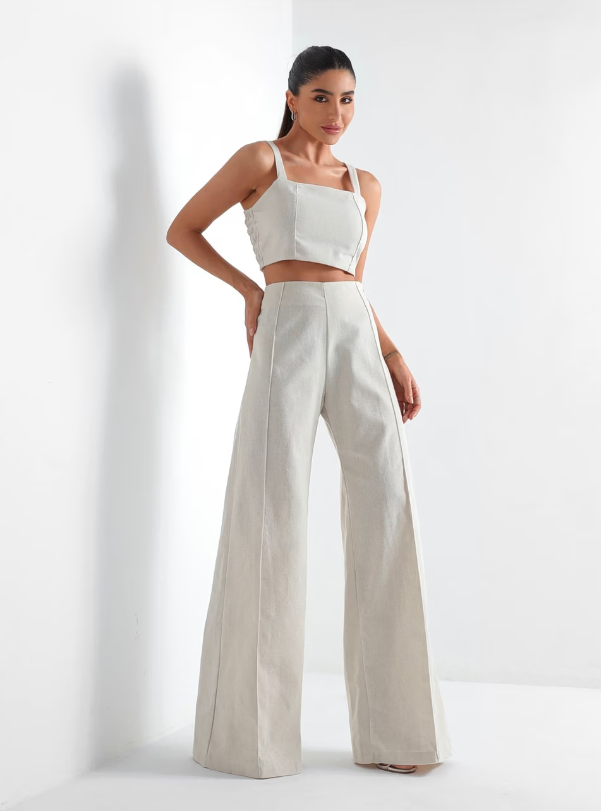 Conjunto de Linho Calça Pantalona Wide Leg e Cropped Alças Finas Lucy Areia