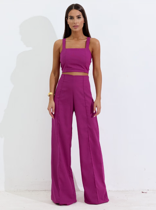 Conjunto de Linho Calça Pantalona Wide Leg e Cropped Alças Finas Lucy Areia
