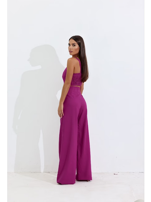 Conjunto de Linho Calça Pantalona Wide Leg e Cropped Alças Finas Lucy Areia