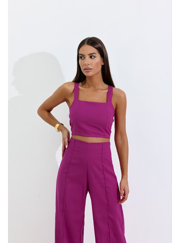 Conjunto de Linho Calça Pantalona Wide Leg e Cropped Alças Finas Lucy Areia