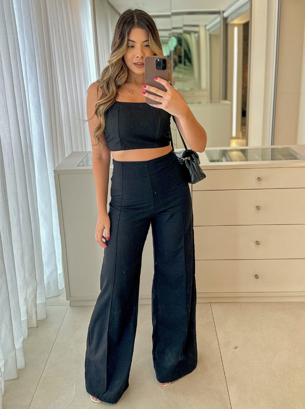 Conjunto de Linho Calça Pantalona Wide Leg e Cropped Alças Finas Lucy Areia