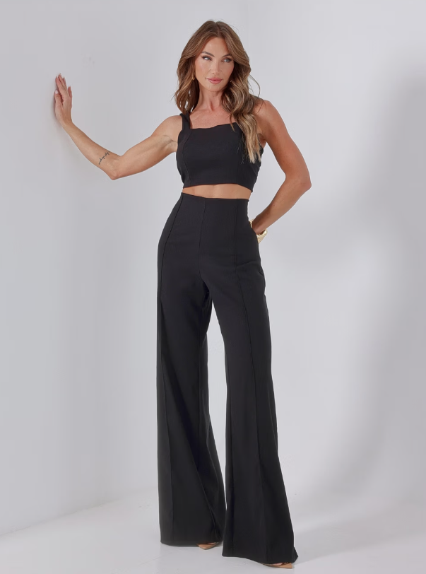 Conjunto de Linho Calça Pantalona Wide Leg e Cropped Alças Finas Lucy Areia