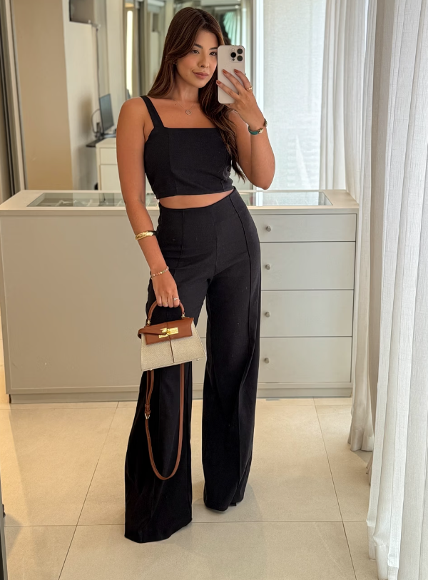 Conjunto de Linho Calça Pantalona Wide Leg e Cropped Alças Finas Lucy Areia
