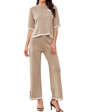 Conjunto Feminino de Cashmere Premium – Blusa Manga Curta e Calça Pantalona Elegante