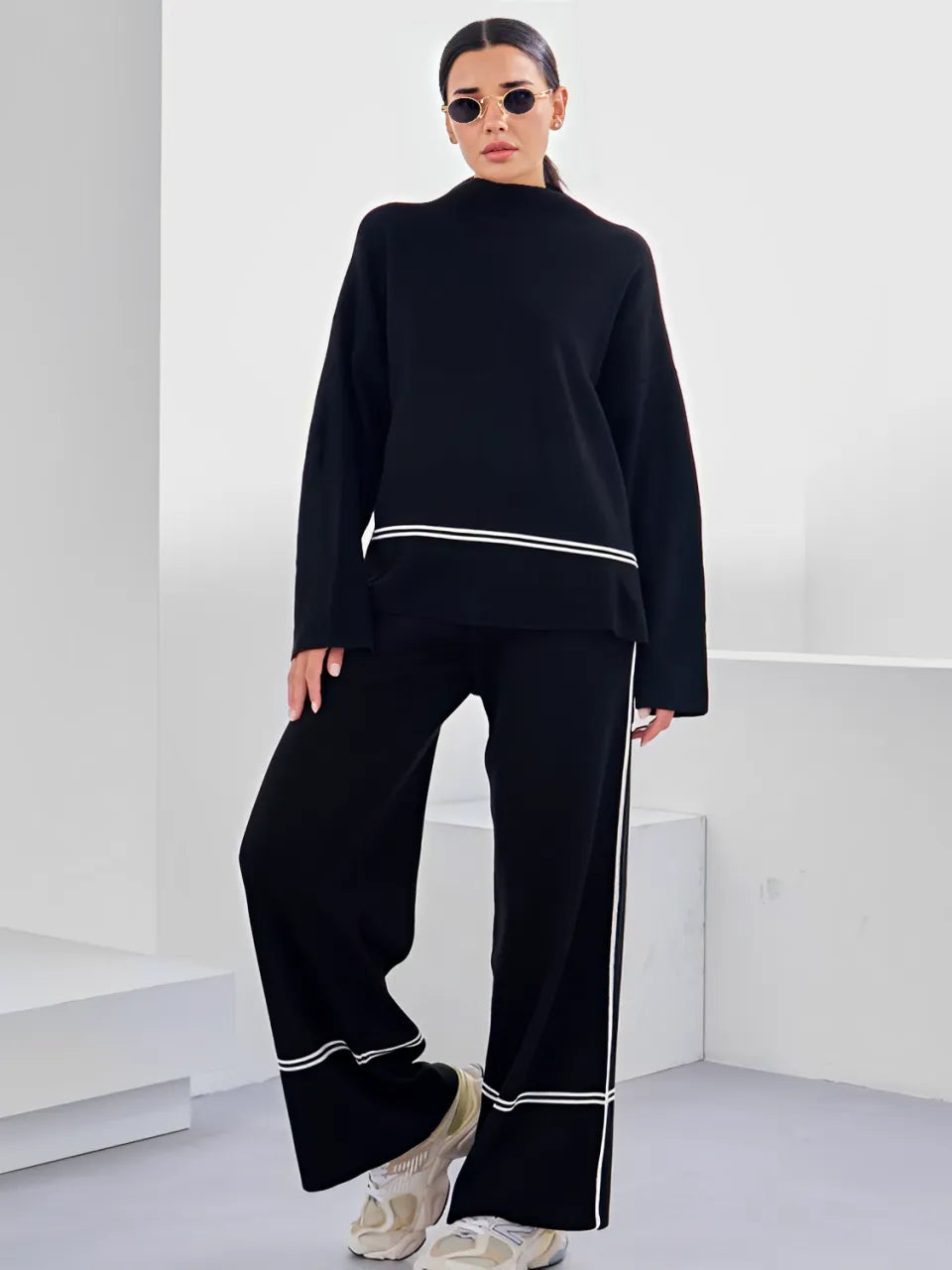 Conjunto Feminino Tricô Kim – Gola Alta Mullet e Calça Cintura Alta