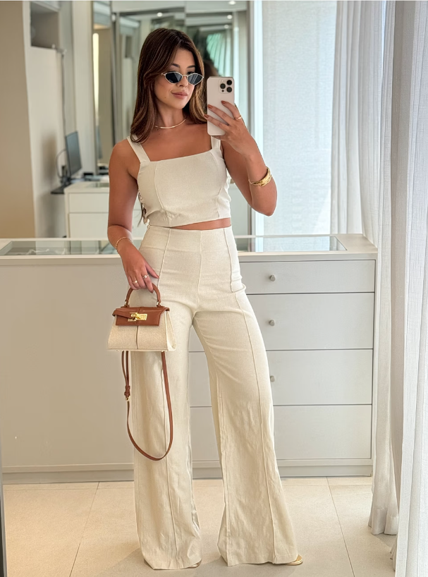 Conjunto de Linho Calça Pantalona Wide Leg e Cropped Alças Finas Lucy Areia