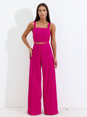 Conjunto de Linho Calça Pantalona Wide Leg e Cropped Alças Finas Lucy Areia