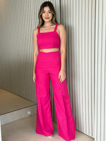 Conjunto de Linho Calça Pantalona Wide Leg e Cropped Alças Finas Lucy Areia