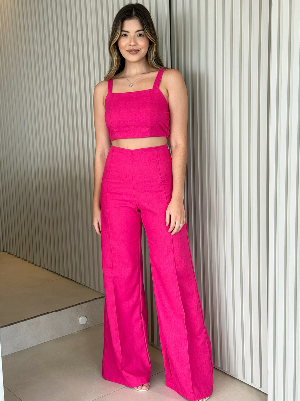 Conjunto de Linho Calça Pantalona Wide Leg e Cropped Alças Finas Lucy Areia