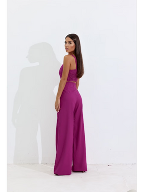 Conjunto de Linho Calça Pantalona Wide Leg e Cropped Alças Finas Lucy Areia