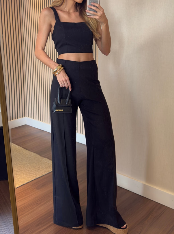 Conjunto de Linho Calça Pantalona Wide Leg e Cropped Alças Finas Lucy Areia
