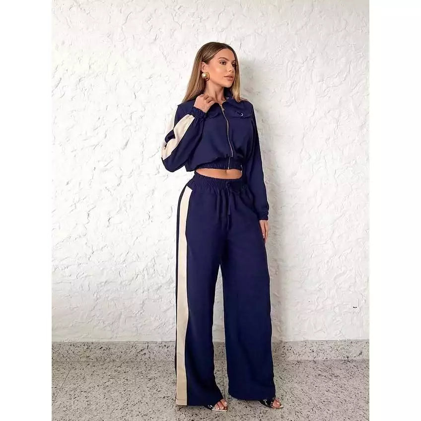 Conjunto Pantalona com Listra Lateral + Jaqueta com Zíper de Metal