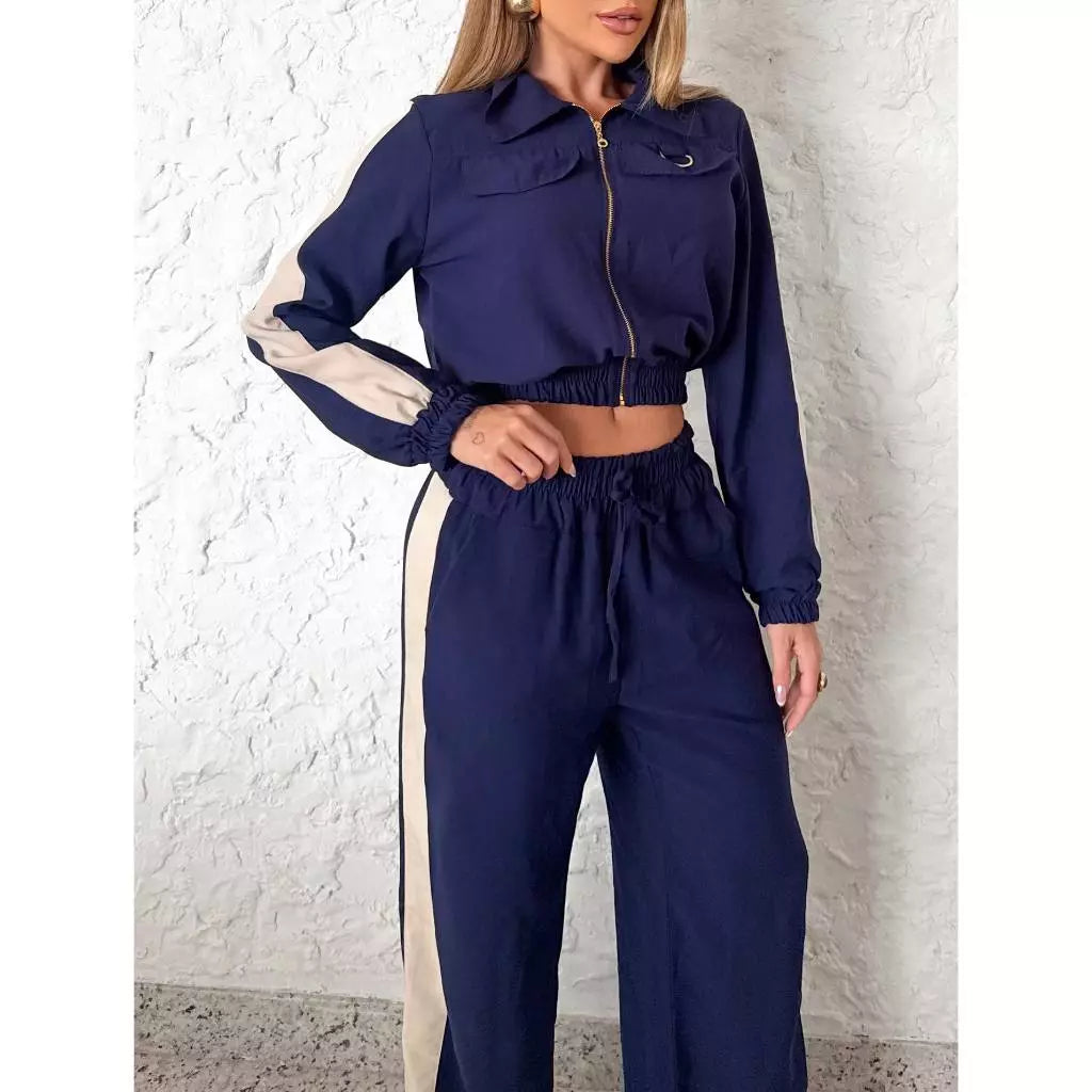 Conjunto Pantalona com Listra Lateral + Jaqueta com Zíper de Metal